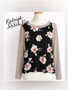 Kaileigh Stitch Fix. Floral Raglan Long Sleeve Top. Black Heathered Beige.Sz XL.